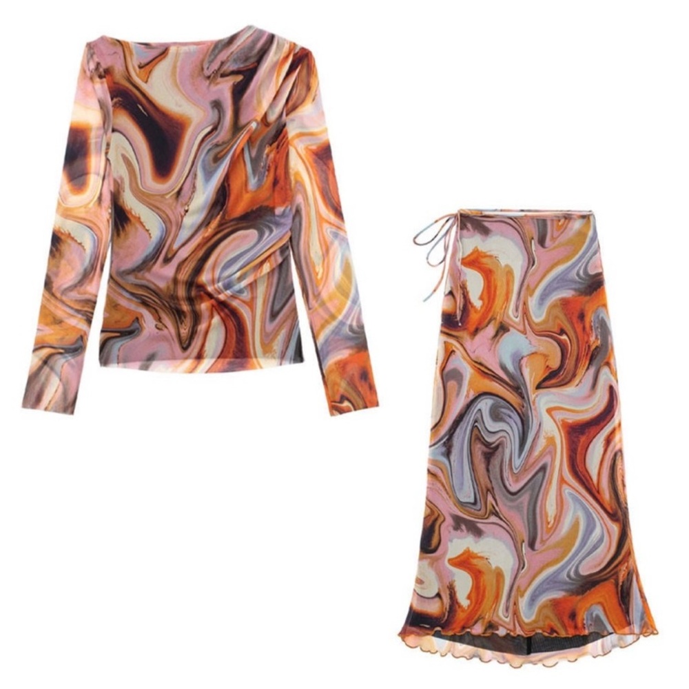 Zara mesh Abstract Print Women's 2 piece skirt and top long sleeve size L